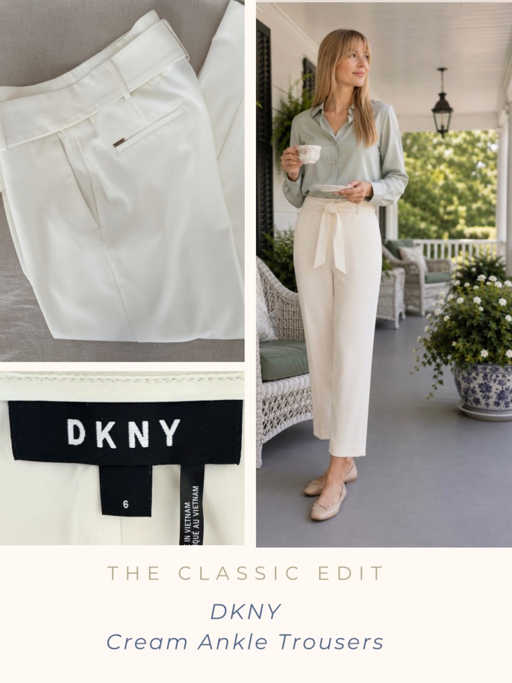 DKNY Cream Belted Ankle Pants | Fully Lined Trousers | Neutral | Classic